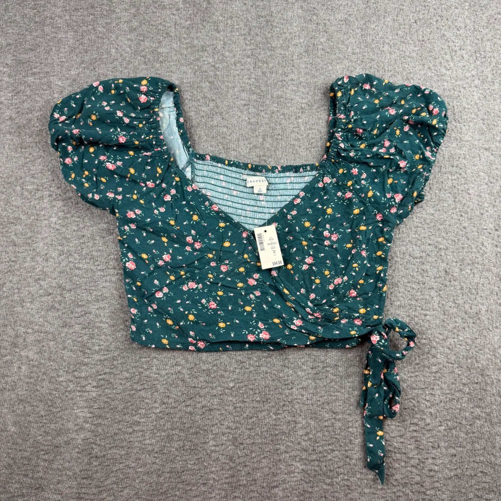 Aeropostale Floral Wrap Crop‎ Top Teal Green Pink Yellow Puff Sleeve 5637 NWT M
